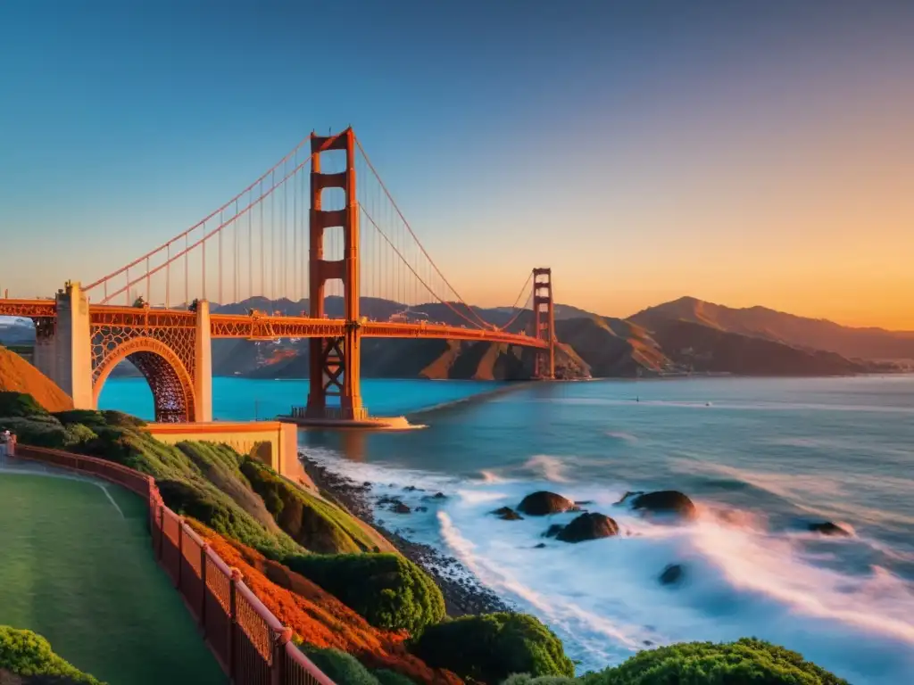 Vista impresionante del icónico Puente Golden Gate en una puesta de sol vibrante, exhibiendo detalles arquitectónicos y reflejos en el agua