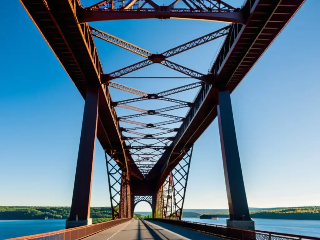 Vista impresionante del majestuoso Puente de Quebec sobre el río San Lorenzo, resaltando su importancia histórica y su grandiosidad arquitectónica