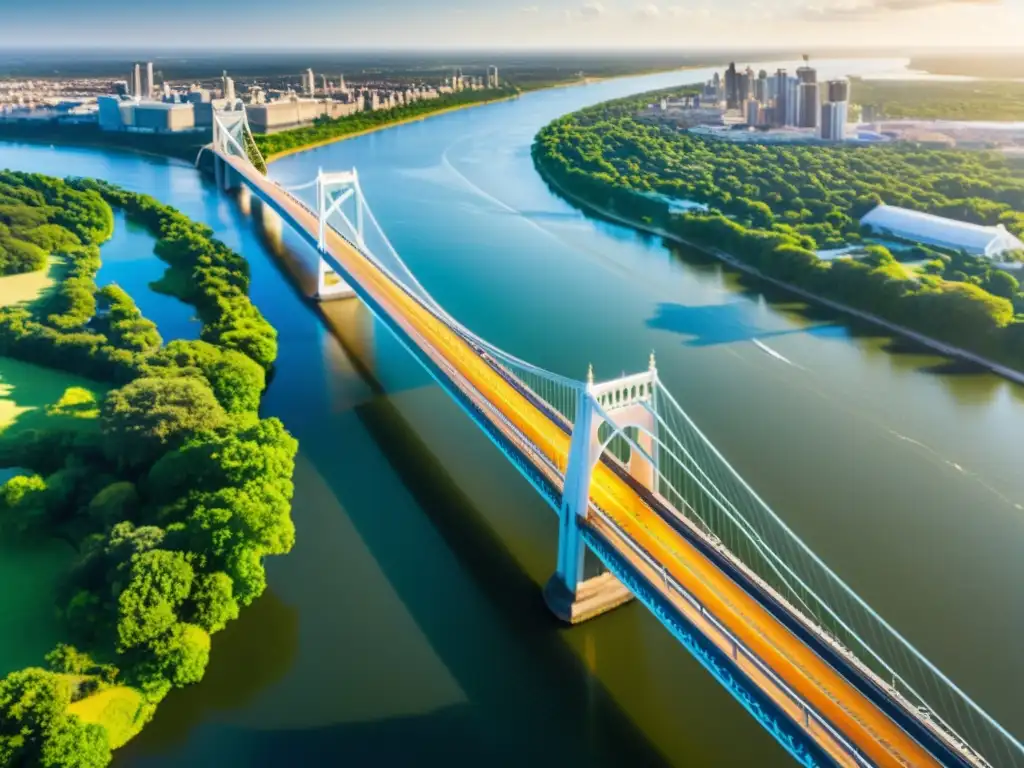 Vista impresionante de un majestuoso puente sobre un río, resaltando su arquitectura y la belleza natural