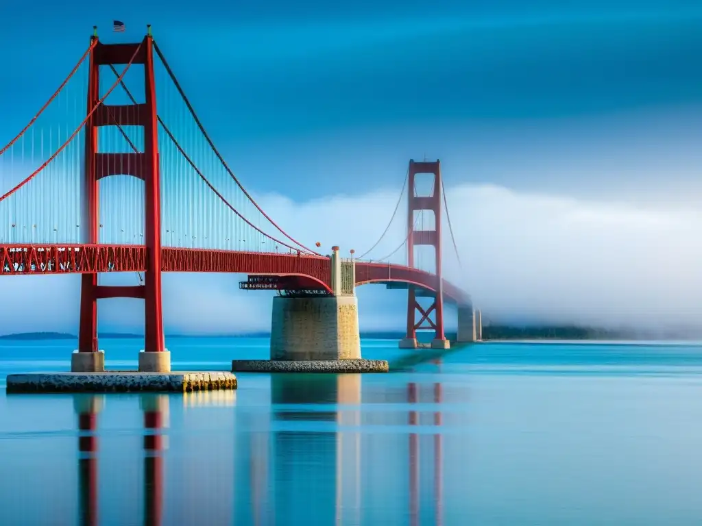 Vista impresionante del majestuoso Puente de Mackinac sobre aguas cristalinas, envuelto en neblina matutina