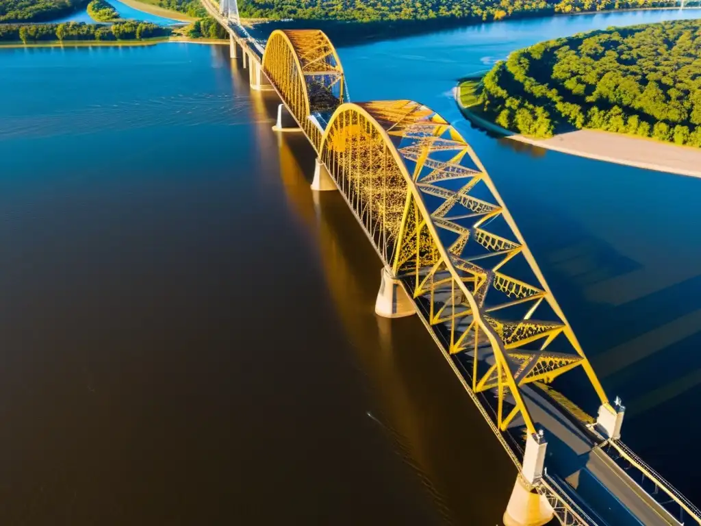 Vista impresionante del majestuoso río Misisipi y sus icónicos puentes, reflejando la ingeniería de James Eads