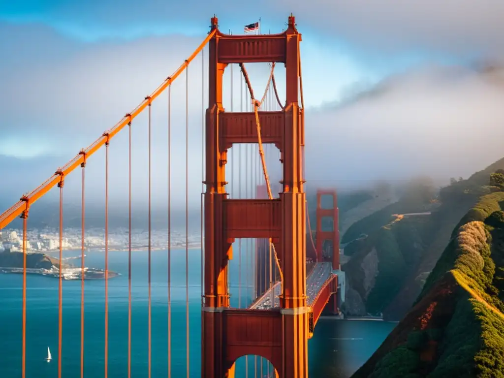 Vista impresionante del puente Golden Gate en una mañana brumosa, destacando su grandiosa estructura