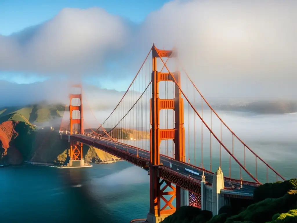 Vista impresionante del Puente Golden Gate en la niebla, destacando su belleza arquitectónica