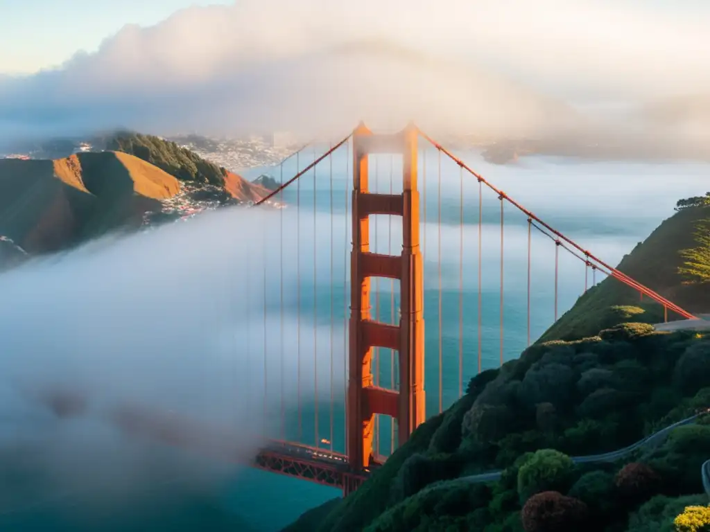 Vista impresionante del Puente Golden Gate en la niebla matutina, mostrando su imponente estructura y detalles arquitectónicos