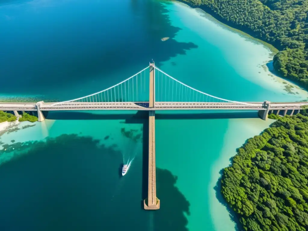 Vista impresionante de un puente desde el aire y un mundo submarino vibrante