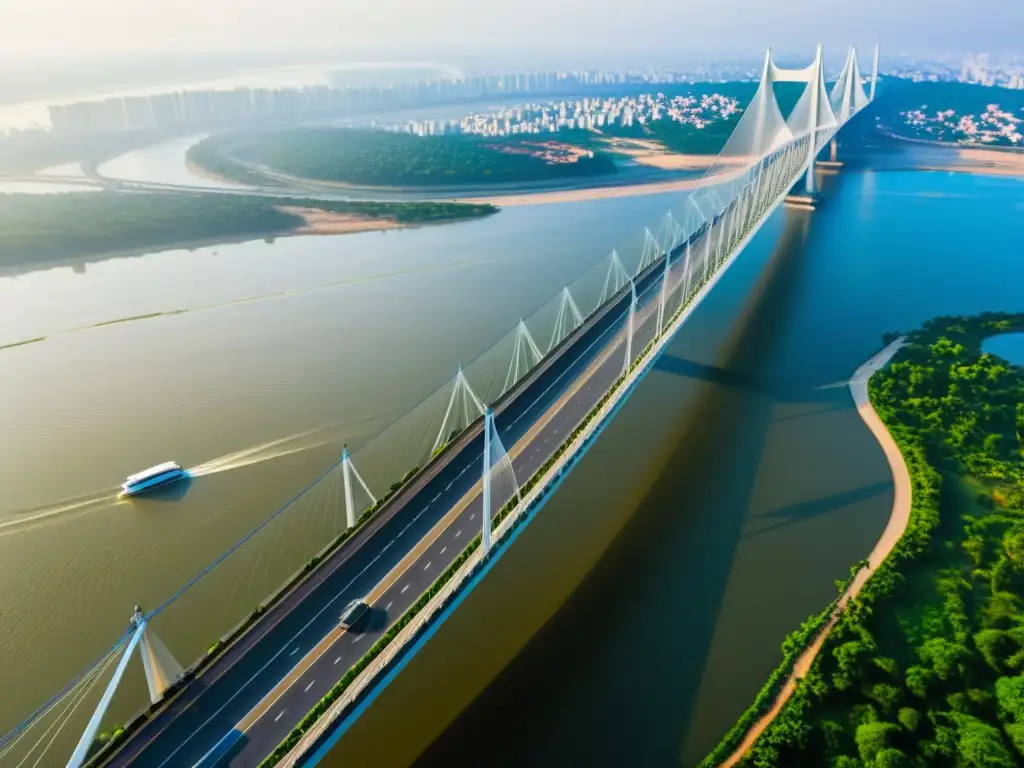 Vista impresionante del Puente Vidyasagar Setu India, con diseño arquitectónico y cables de suspensión destacados