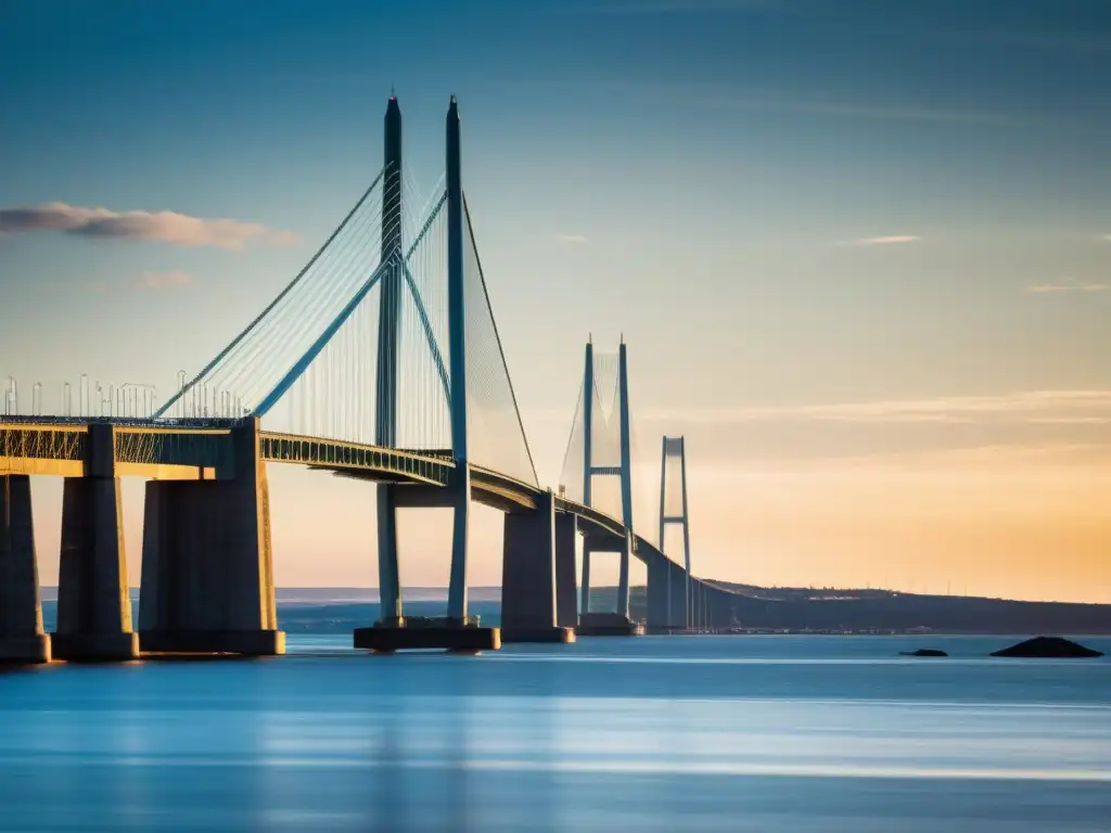 Vista impresionante del Puente de Øresund, destacando su arquitectura e historia en una cálida luz