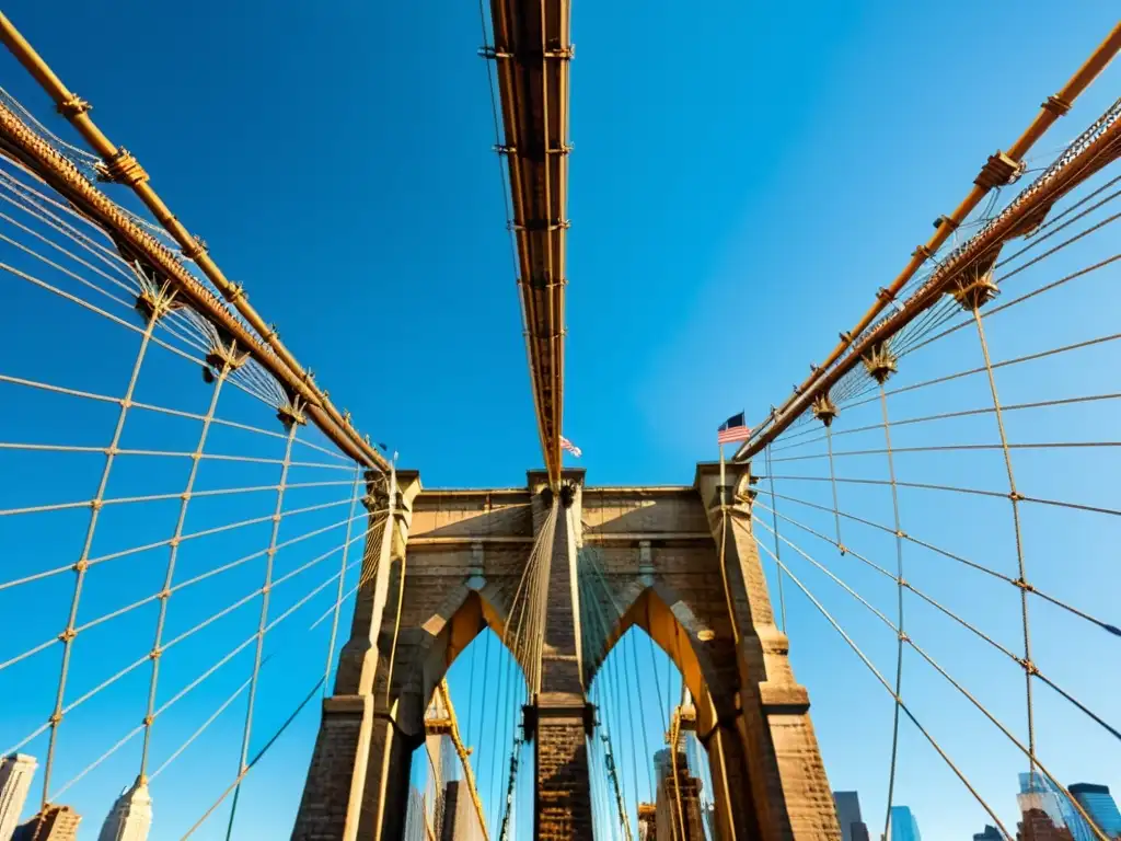 Vista impresionante del Puente de Brooklyn, resaltando su arquitectura gótica y su importancia histórica en la conectividad urbana