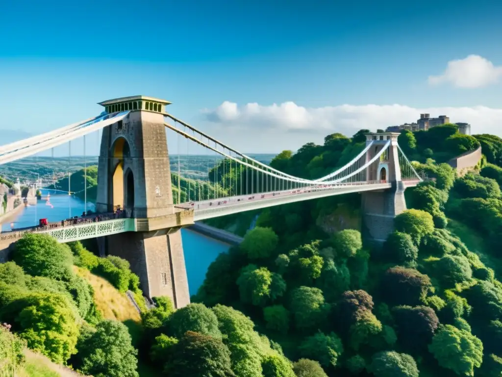 Vista impresionante del Puente Clifton en Bristol, destacando su arquitectura y entorno natural con dramatismo y grandeza