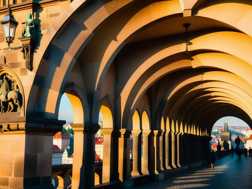 Vista impresionante del Puente de Carlos en Praga, capturando su arquitectura e historia con detalle y majestuosidad bajo la cálida luz de la mañana