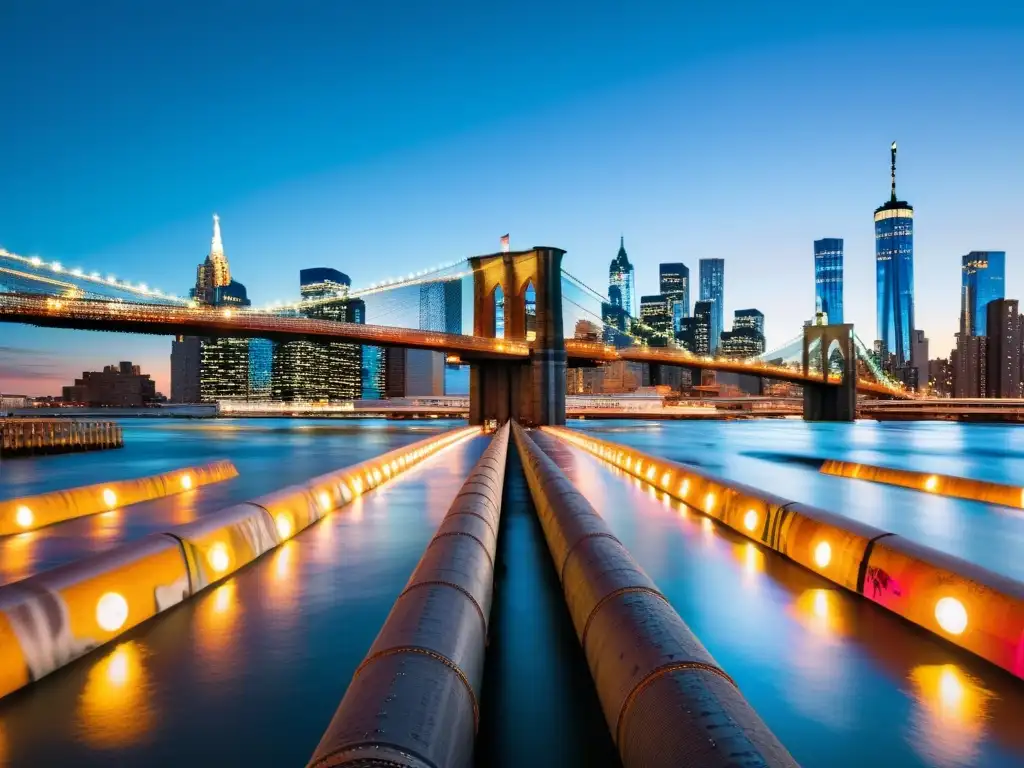 Vista impresionante del Puente de Brooklyn al atardecer con graffiti colorido en pilares