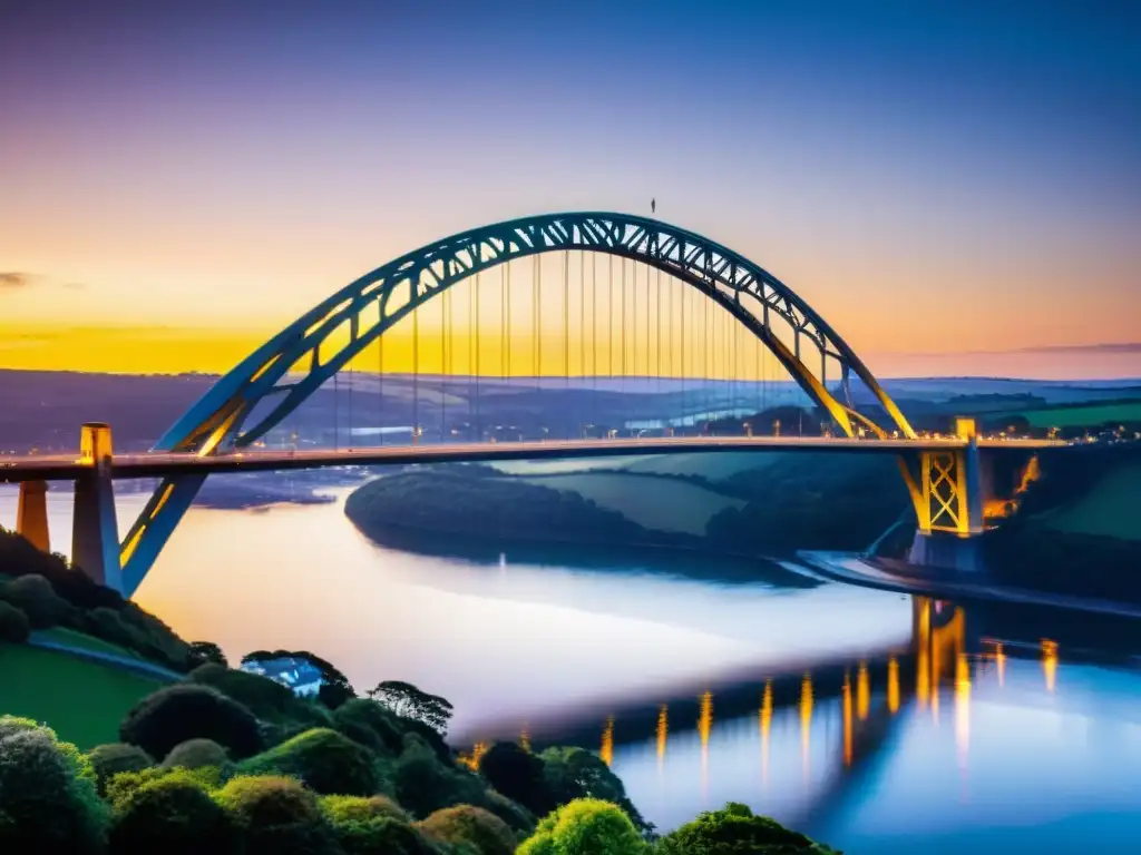 Vista impresionante del Puente Tamar al atardecer, reflejos en el río