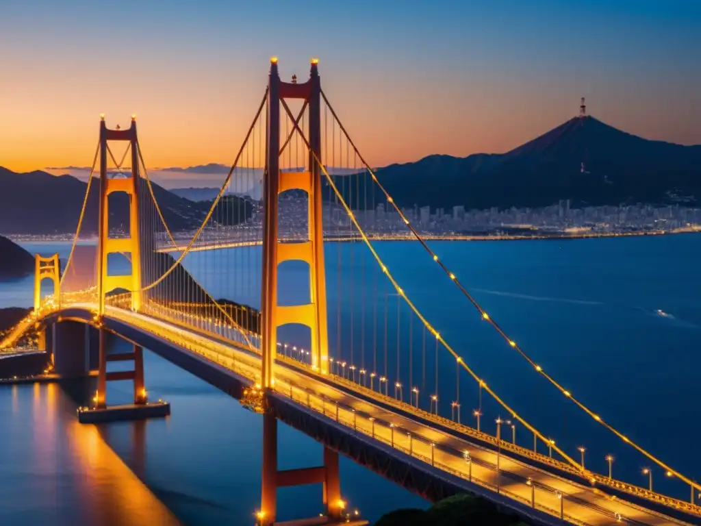 Vista impresionante del Puente Akashi Kaikyo en Japón, bañado en cálida luz dorada al atardecer