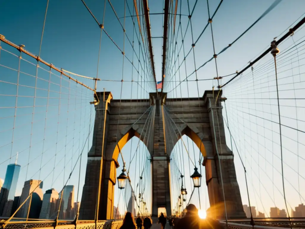 Vista impresionante del Puente de Brooklyn en blanco y negro durante la hora dorada, significado cultural puentes icónicos