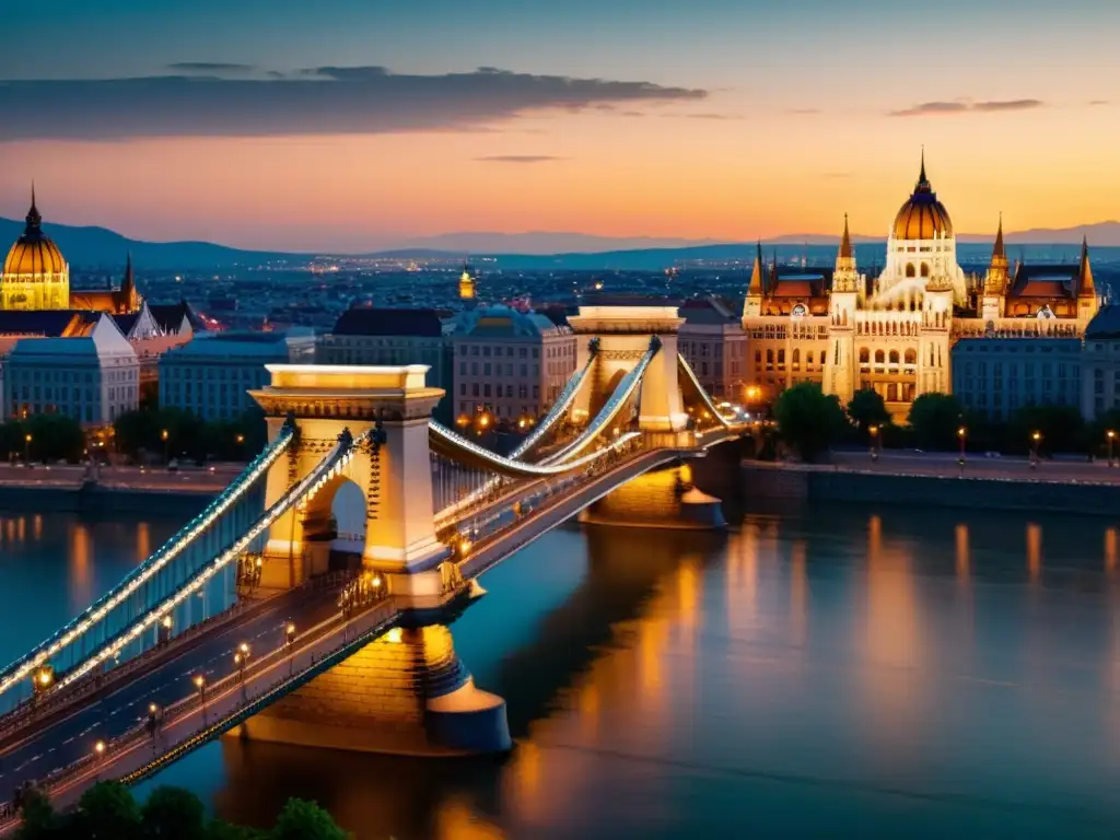 Vista impresionante del Puente de las Cadenas Budapest al atardecer sobre el río Danubio