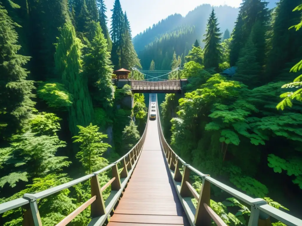 Vista impresionante del Puente colgante Capilano rodeado de exuberante vegetación, con un juego hipnótico de luz y sombra