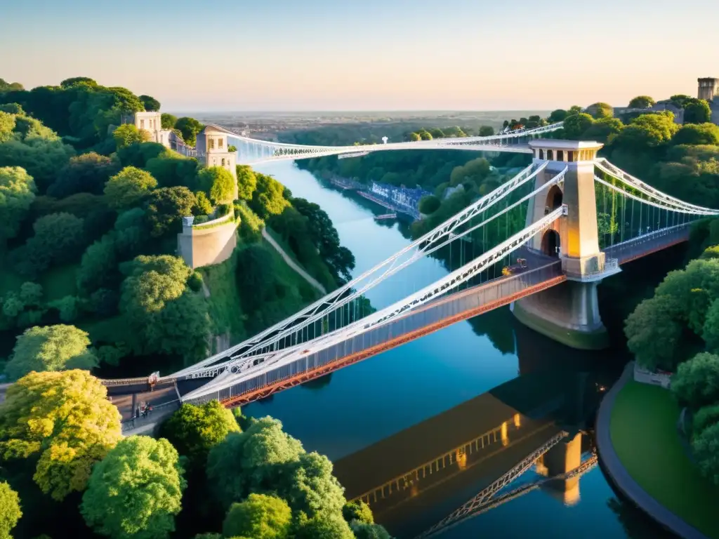 Vista impresionante del Puente Colgante Clifton al atardecer, resaltando su historia y belleza arquitectónica en Bristol