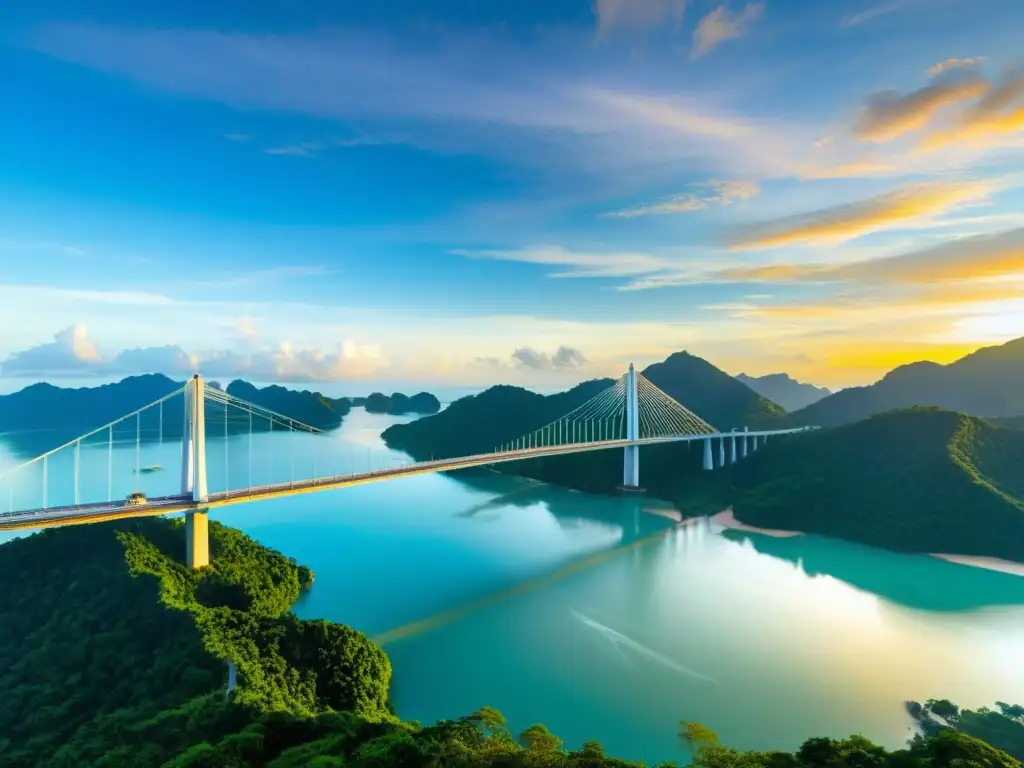 Vista impresionante del Puente de Langkawi Sky en Malasia, con detalles arquitectónicos y una puesta de sol dorada sobre el paisaje verde