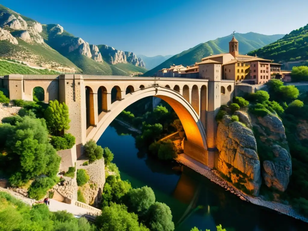 Vista impresionante del Puente del Diablo en Martorell, España, con su arquitectura medieval y paisaje histórico