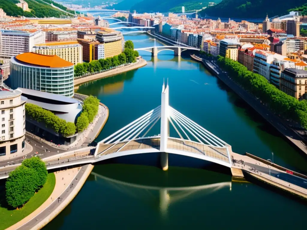 Vista impresionante del Puente de la Salve en Bilbao, fusionando diseño moderno con la arquitectura del Museo Guggenheim