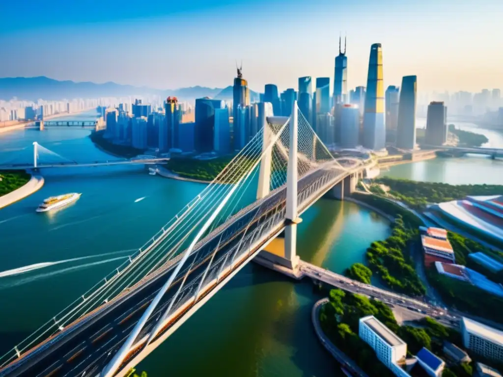 Vista impresionante del Puente Lupu de Shanghái, con diseño moderno y calles bulliciosas abajo, capturando la energía dinámica de la ciudad