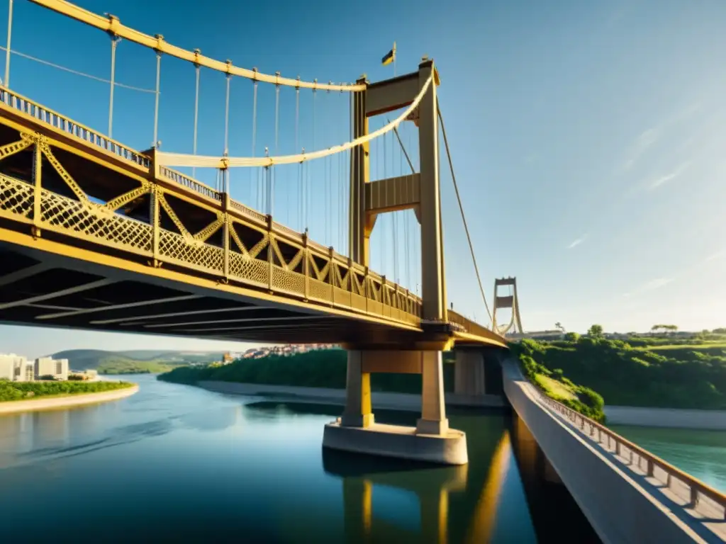 Vista impresionante de un puente famoso sobre un río, iluminado por el sol, resaltando sus detalles estructurales y belleza arquitectónica