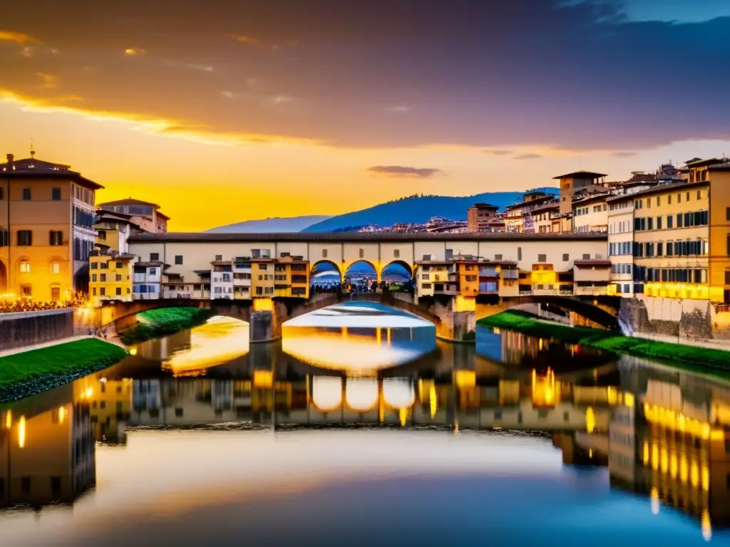 Vista impresionante del Puente de Santa Trinita en Florencia, Italia, resaltando su historia artística y belleza atemporal en el cálido atardecer sobre el río Arno