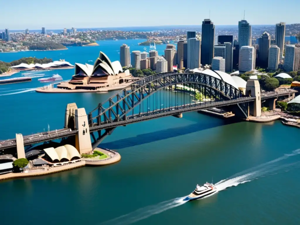 Vista impresionante del Puente de la Bahía de Sídney y la Ópera, destacando su grandiosa arquitectura y el paisaje urbano