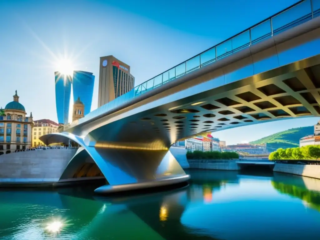 Vista impresionante del Puente de la Salve Bilbao con el Guggenheim Museum al fondo, reflejos de luz en el agua