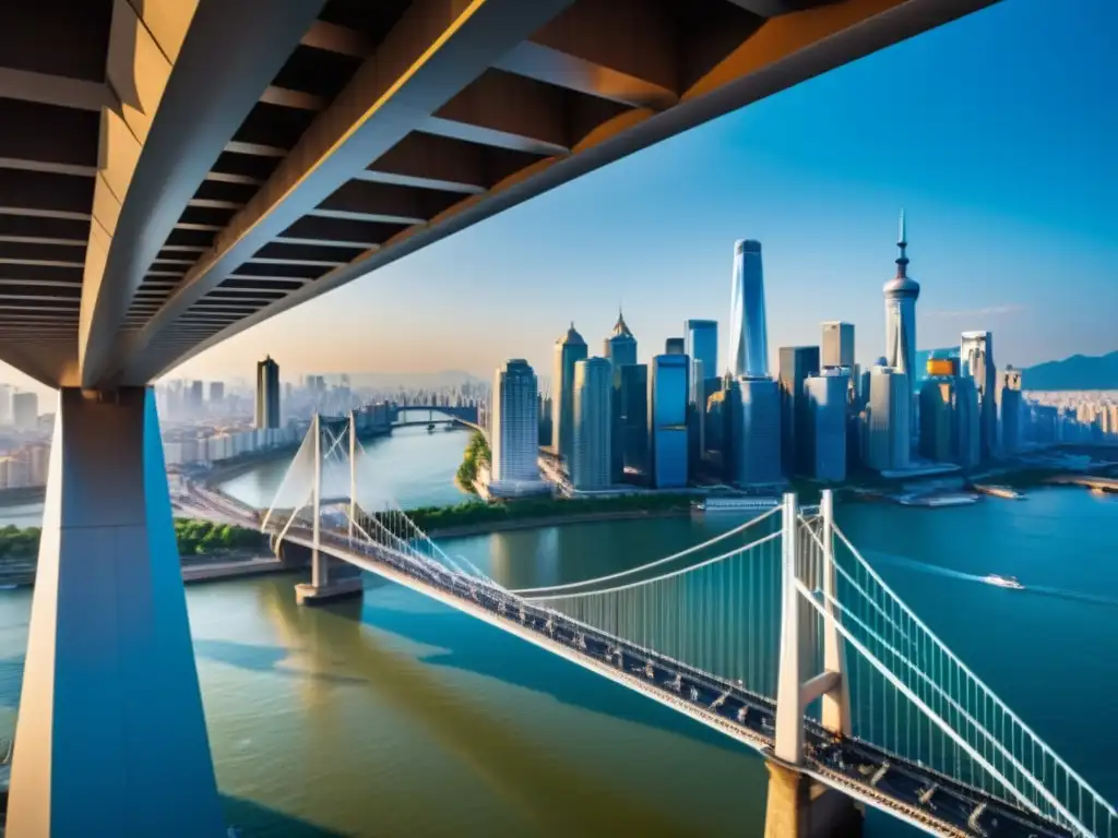 Vista impresionante del Puente Lupu de Shanghái con el horizonte de la ciudad al fondo, mostrando su intrincada estructura de acero y detalles únicos