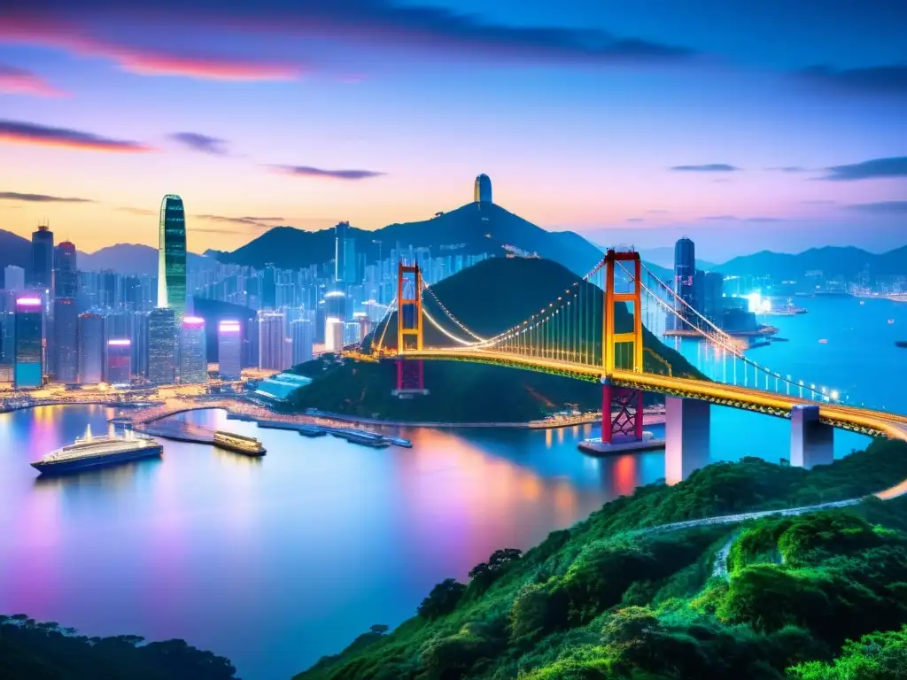 Vista impresionante del Puente Tsing Ma Hong Kong al anochecer, con el horizonte de la ciudad de fondo, reflejado en el agua