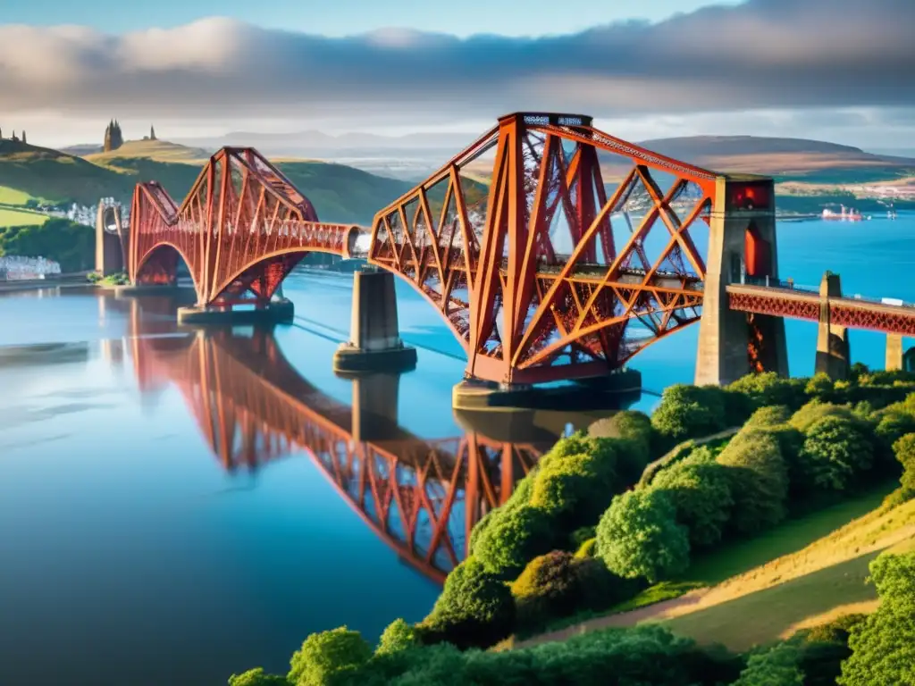 Vista impresionante del Puente de Forth, ingeniería victoriana, resaltando su icónica estructura roja de acero sobre el estuario