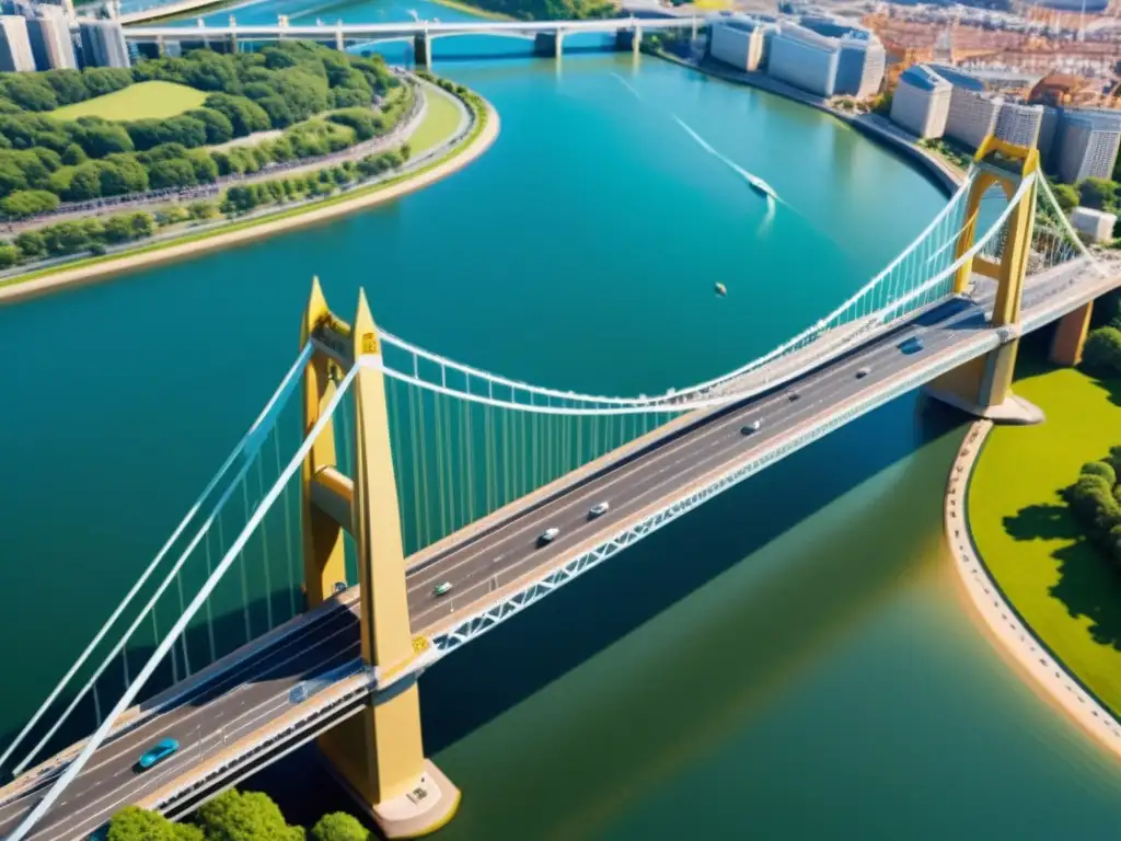 Vista impresionante de un puente icónico con realidad aumentada, uniendo tecnología y arquitectura en un día soleado