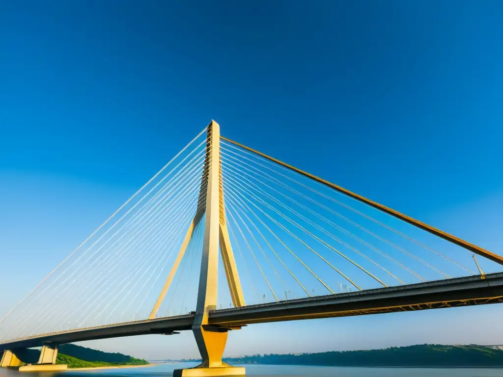 Vista impresionante del Puente Vidyasagar Setu India, resaltando su imponente estructura y detalles arquitectónicos, bajo el cálido sol