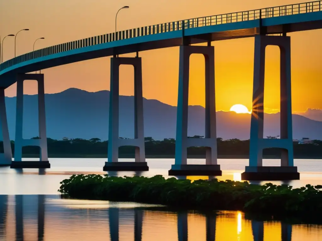 Una vista impresionante del Puente sobre el Lago Maracaibo al atardecer, reflejando su historia, arquitectura y la belleza natural que lo rodea