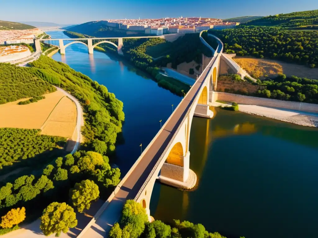 Una vista impresionante del Puente de Alcántara, con la luz dorada del atardecer resaltando su presencia cinematográfica