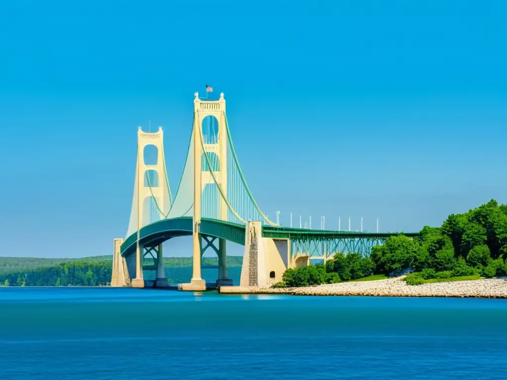 Vista impresionante del Puente de Mackinac, destacando su majestuosa arquitectura y su historia, sobre el fondo de los Grandes Lagos al atardecer