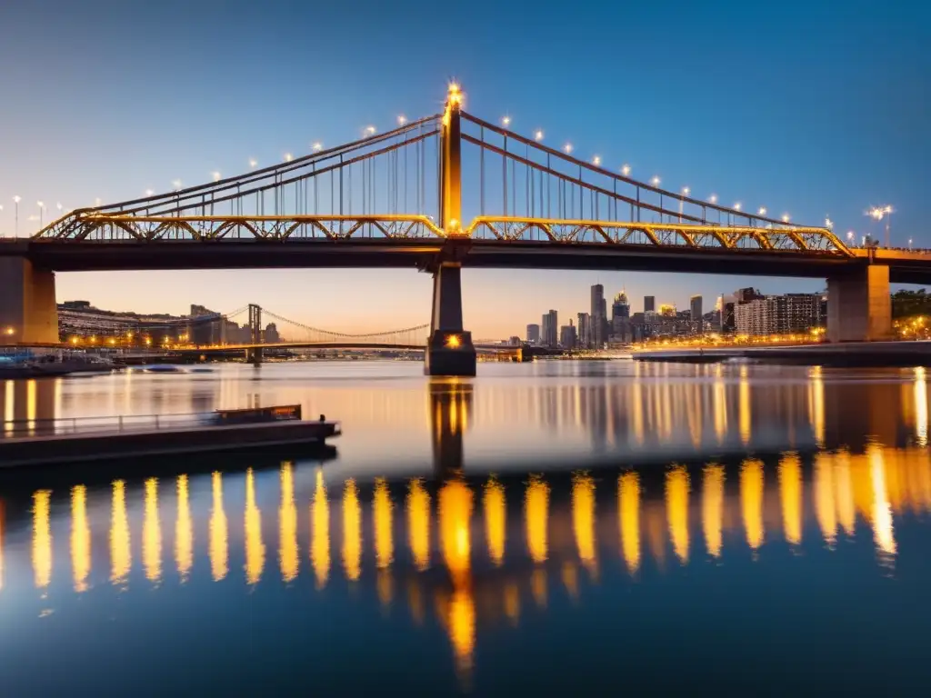 Vista impresionante de un puente majestuoso al anochecer, iluminado por luces cálidas de la ciudad