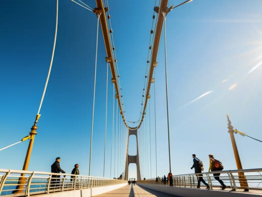 Vista impresionante de un puente en realidad aumentada, donde se aprecian detalles y personas caminando sobre él, fusionando arte y tecnología