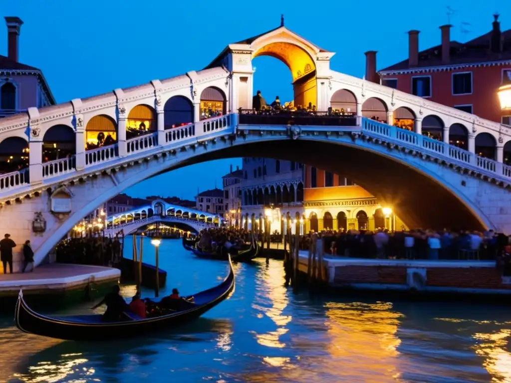 Vista impresionante del Puente Rialto en Venecia iluminado durante un vibrante concierto nocturno en la ciudad