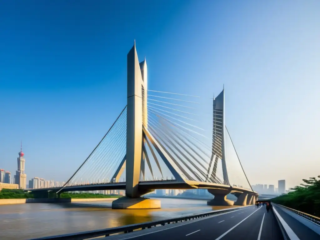 Vista impresionante del Puente Lupu de Shanghái sobre el río Huangpu, reflejando modernidad y dinamismo