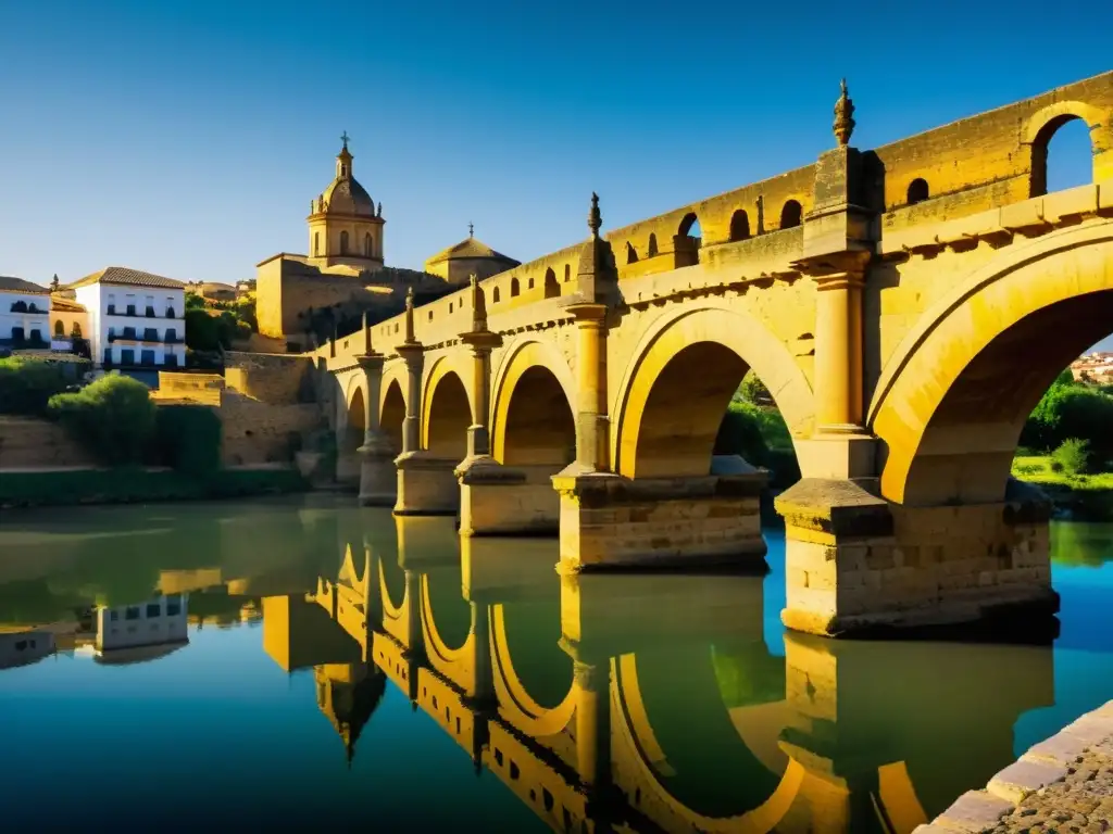 Vista 3D impresionante del Puente Romano de Córdoba, resaltando su belleza histórica y arquitectónica con juego de luces y sombras