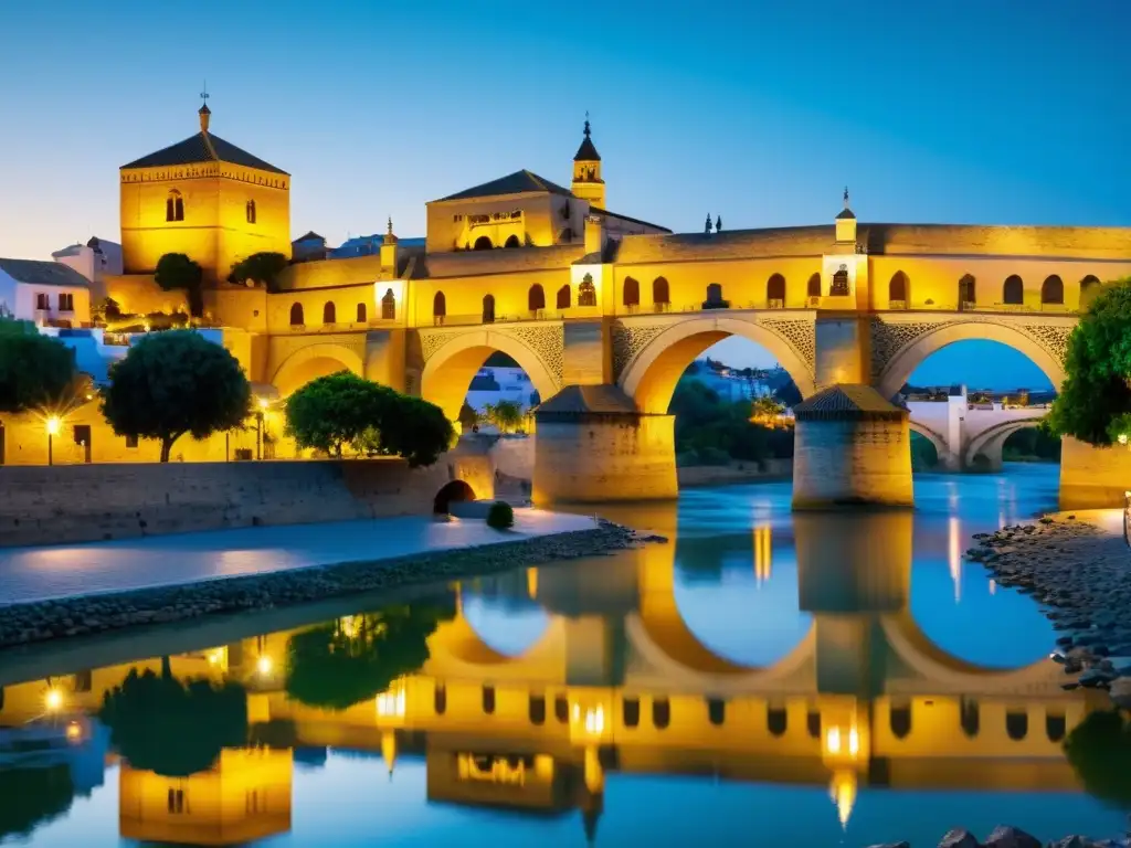 Vista impresionante del Puente Romano de Córdoba, con sus arcos de piedra y su rica textura histórica, sobre el río Guadalquivir