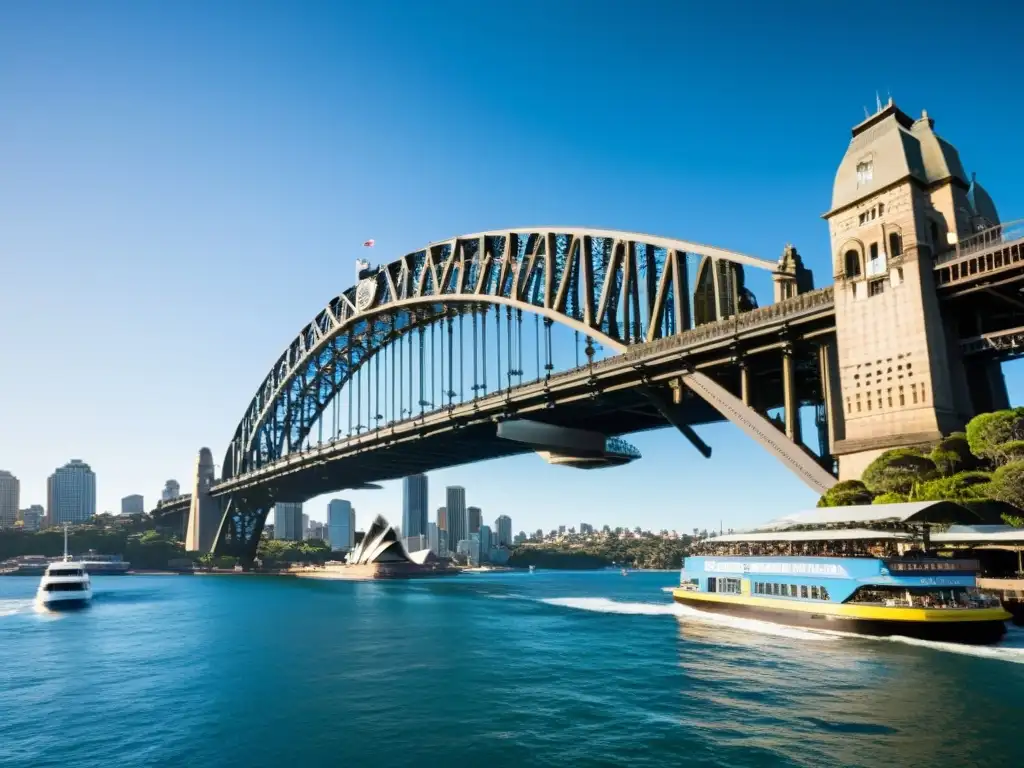 Vista impresionante del Puente de Sídney con el skyline de la ciudad al fondo y un ferry pasando debajo