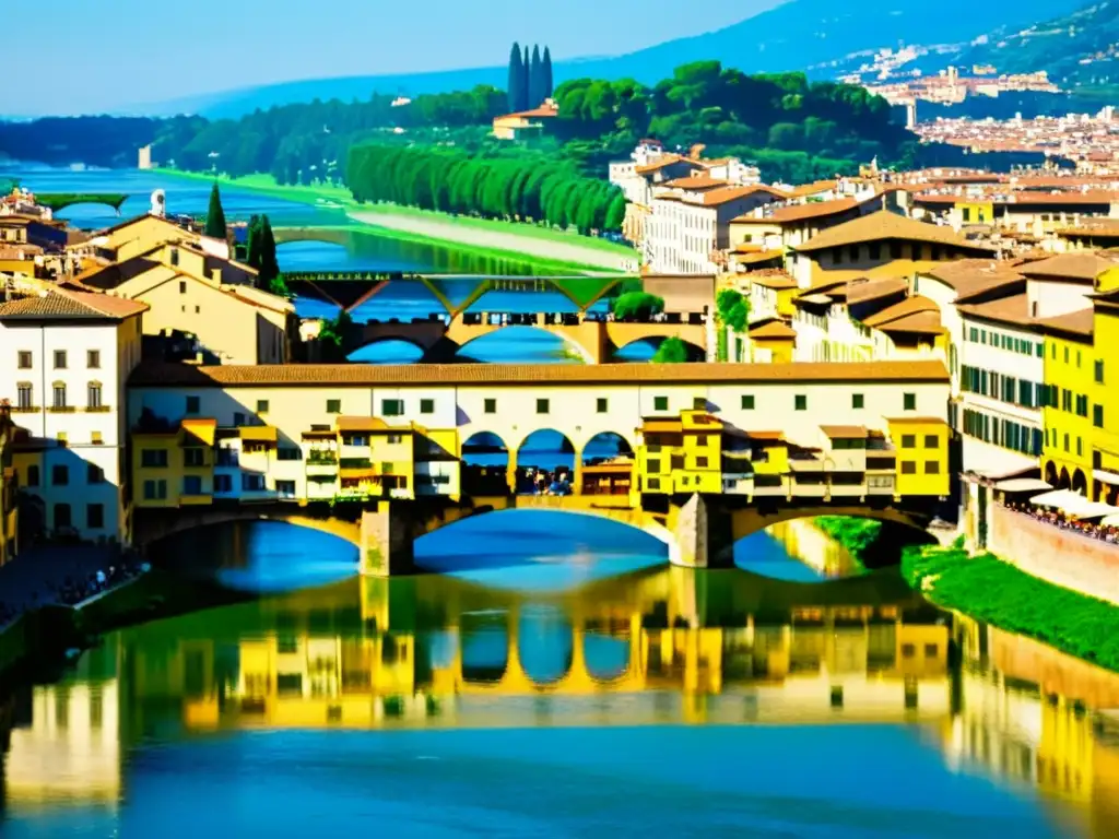 Vista impresionante del Puente Vecchio en Florencia, Italia, con su arquitectura medieval y animada actividad de turistas y lugareños