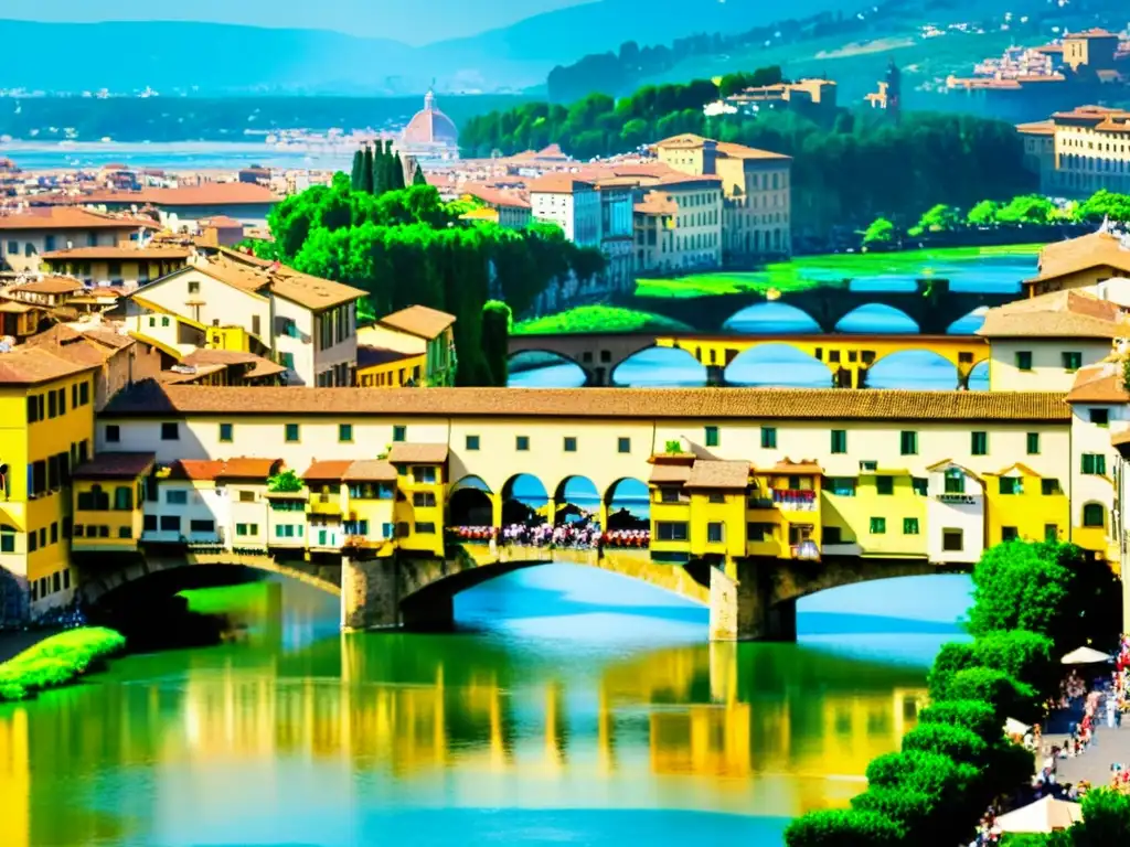 Vista impresionante del Puente Vecchio en Florencia, con su arquitectura antigua y actividad vibrante a lo largo del río Arno