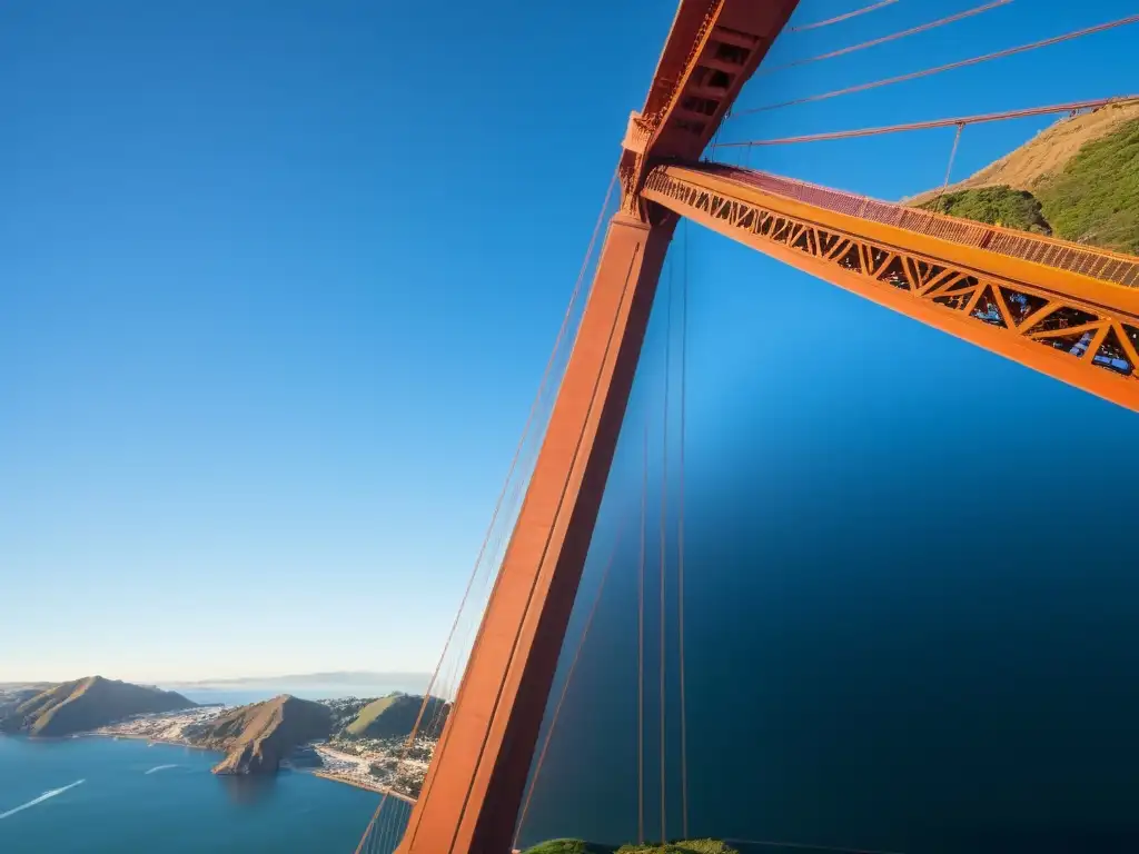 Vista impresionante del Puente Golden Gate en San Francisco, con sus torres rojo anaranjadas destacando contra el cielo azul