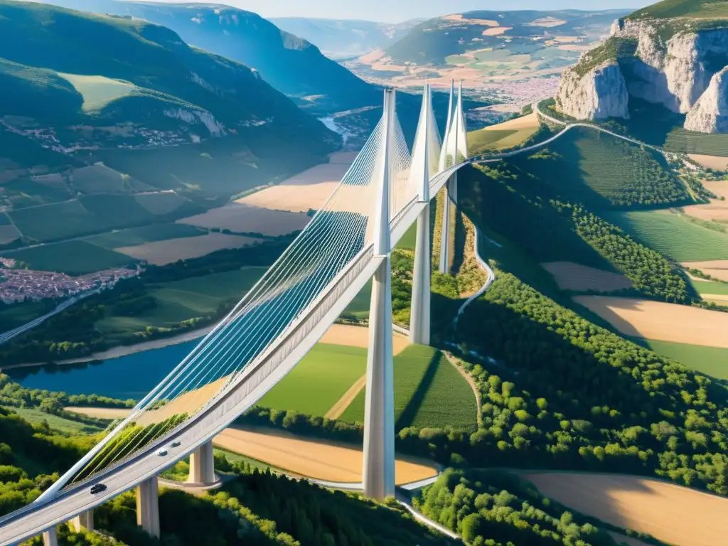 Vista impresionante del Viaducto de Millau en Francia, destacando su diseño innovador y la integración con el paisaje