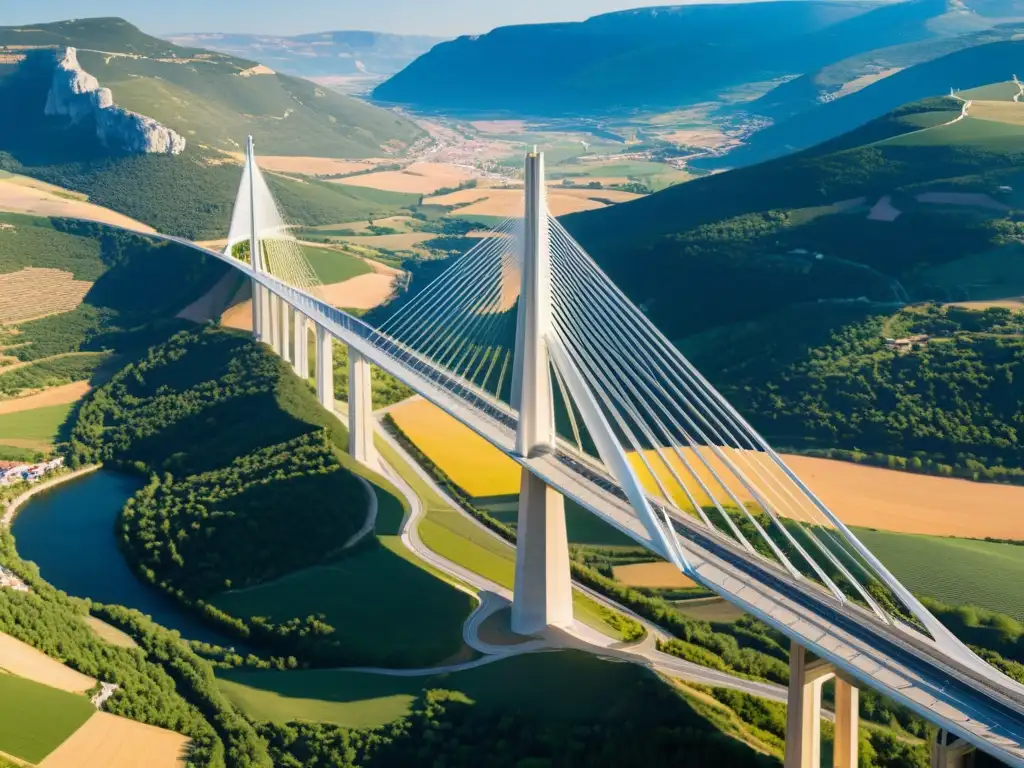 Vista impresionante del Viaducto de Millau, destacando su diseño arquitectónico y la belleza natural