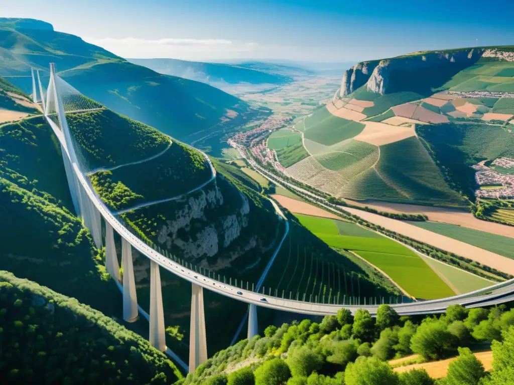 Vista impresionante del Viaducto de Millau, majestuosa arquitectura en un valle verde al atardecer